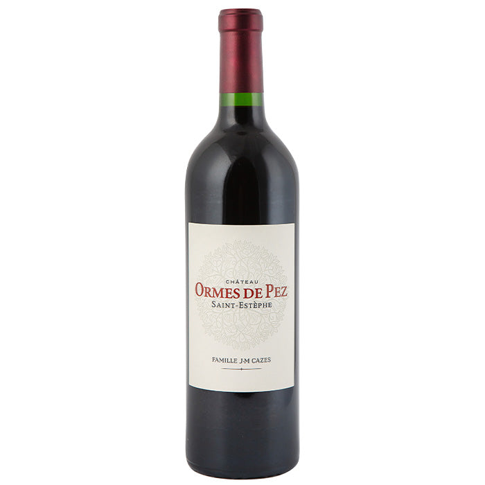Red wine bottle labeled 'Chateau Ormes de Pez Saint Estephe' on a white background
