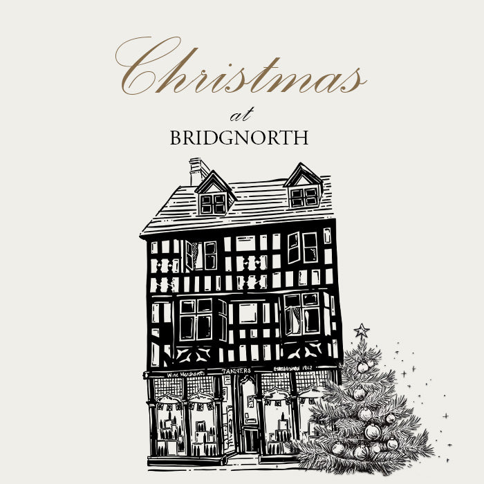 Illustration of a building with a Christmas tree and 'Christmas at Bridgnorth' text on a white background