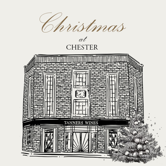 Illustration of a building with 'Tanners Wines' sign and Christmas tree on a light background