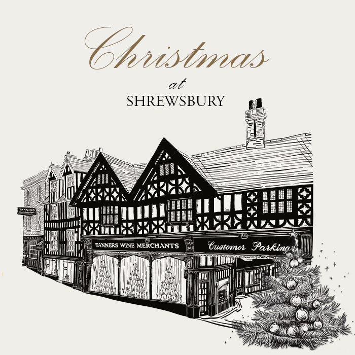 Illustration of Shrewsbury buildings with Christmas tree and text 'Christmas at Shrewsbury'.