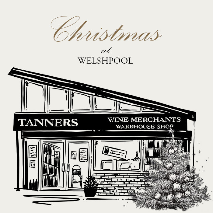 Illustration of a wine merchants warehouse shop with a Christmas tree on a white background