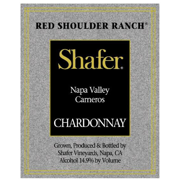 Wine label for Red Shoulder Ranch Shafer Chardonnay from Napa Valley on a gray background