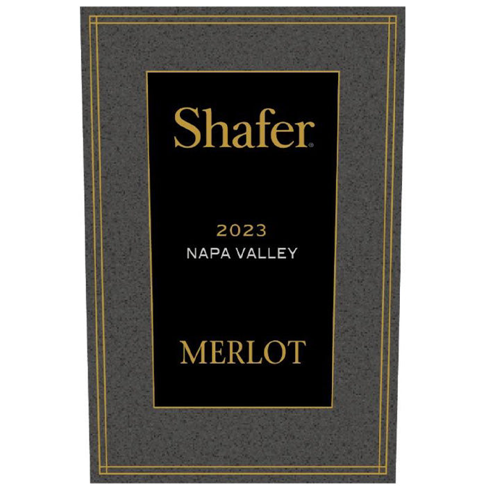 Wine label for Shafer 2023 Napa Valley Merlot on a black background with gold text.