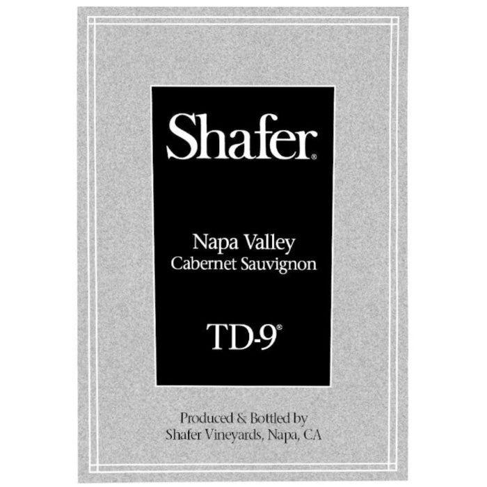 Wine label for Shafer Napa Valley Cabernet Sauvignon TD-9 on a gray background