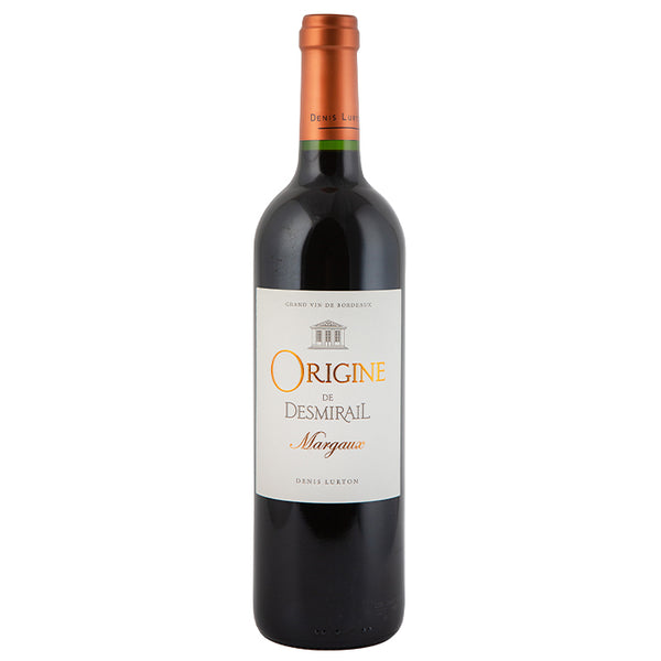 Red wine bottle labeled 'Origine de Desmirail Margaux' on a white background