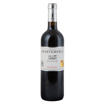 Bottle of Chateau Chantemerle Medoc wine on a white background