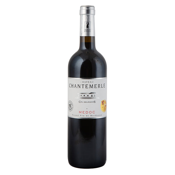 Bottle of Chateau Chantemerle Medoc wine on a white background