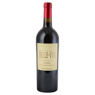 Bottle of Chateau Belle-Vue red wine on a white background