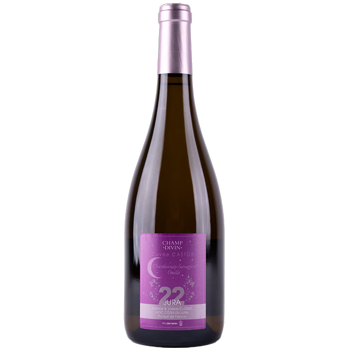 Wine bottle with a purple label on a white background