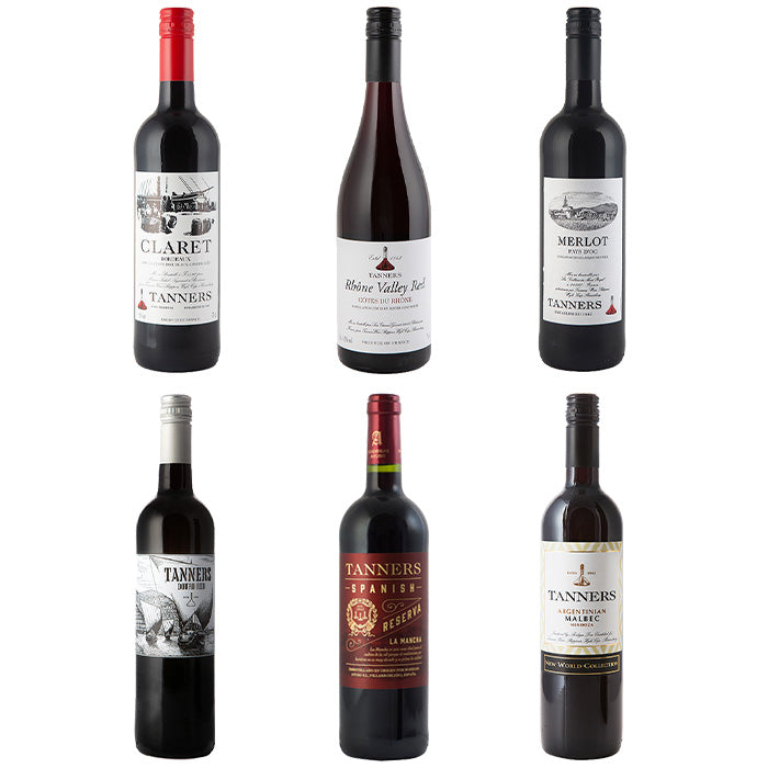 Six bottles of Tanners Red Wine;  Bordeaux Claret, Rhône Valley Red, French Merlot, Douro Red, Spanish Reserva and  Argentinian Malbec