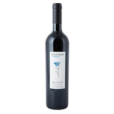 Gouguenheim Blue Melosa (Malbec), Flores del Valle, Uco Valley, Mendoza. Wine bottle with a label featuring a blue flower design on a white background