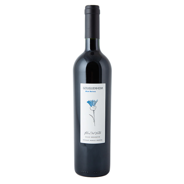 Gouguenheim Blue Melosa (Malbec), Flores del Valle, Uco Valley, Mendoza. Wine bottle with a label featuring a blue flower design on a white background