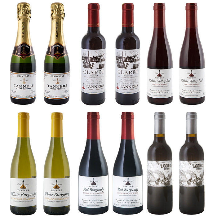 Collection of Tanners half wine bottles; Tanners Extra Réserve Brut Champagne, 
Tanners Claret Bordeaux, Tanners Rhône Valley Red Côtes du Rhône, Tanners White Burgundy Bourgogne Chardonnay, Tanners Red Burgundy Bourgogne Pinot Noir and Tanners Douro Red 