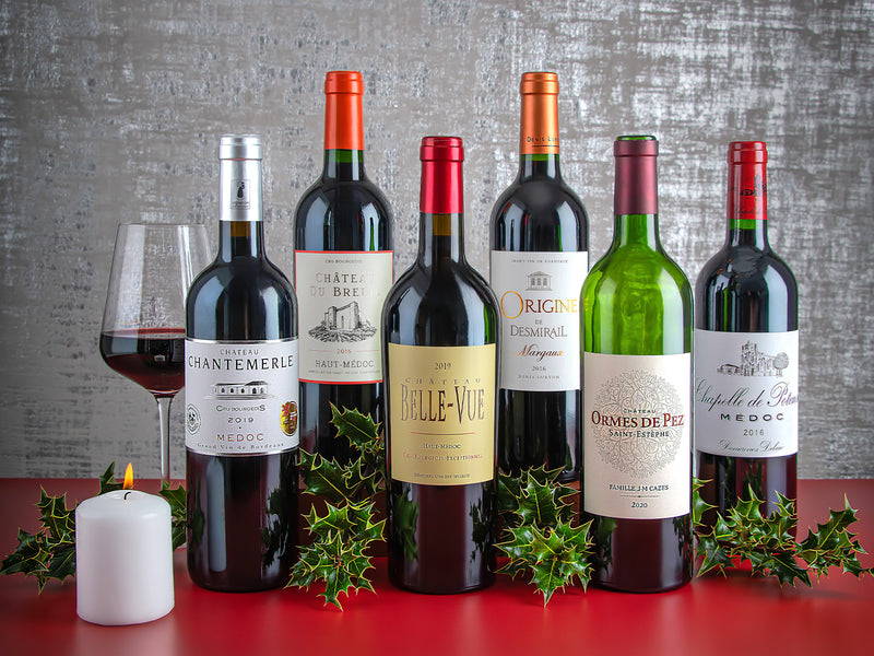 Assorted wine bottles with labels on a red surface and gray background