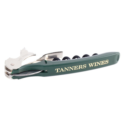 Wine opener with bottle opener and cork, branded 'Tanners Wines'.

Details