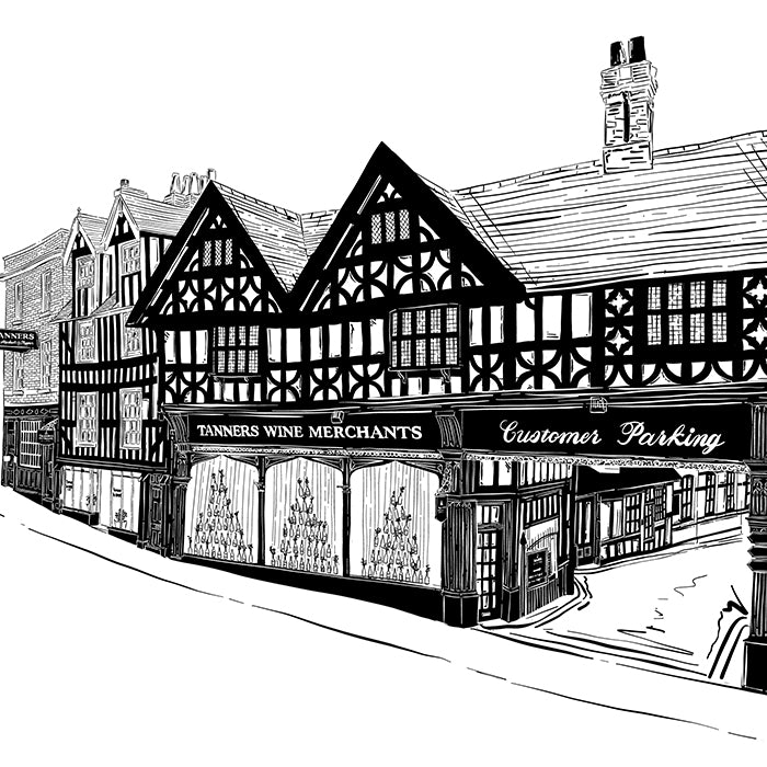 Sketched illustration of the Tudor framed Tanners Wyle Cop Shrewsbury.