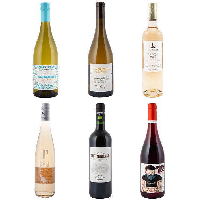 Six wine bottles arranged in a 2x3 grid on a plain white background, including Albaiçe White, Laougui Vermout, Vanniers Prosecco Rosé, Pérignon Blanc, Central Ant-Mowlish, and Pérignon Red.
