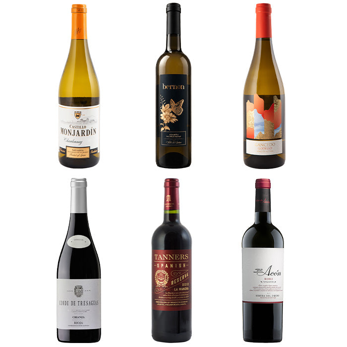 Six wine bottles arranged in a 2x3 grid on a plain white background, including Château Monjardin, Beringer, a white wine bottle with a red cap, a dark red wine bottle with a silver cap, Tanniers Reserve, and The Avin