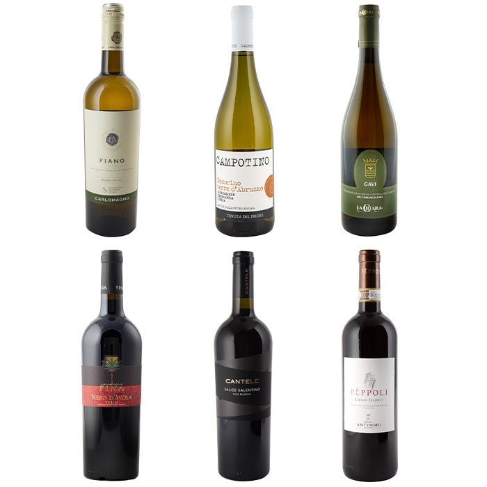 Six wine bottles arranged in a 2x3 grid on a plain white background, including labels such as Piano, Campofiorito, Greco, Fiano, Cantale, and Peppoli.