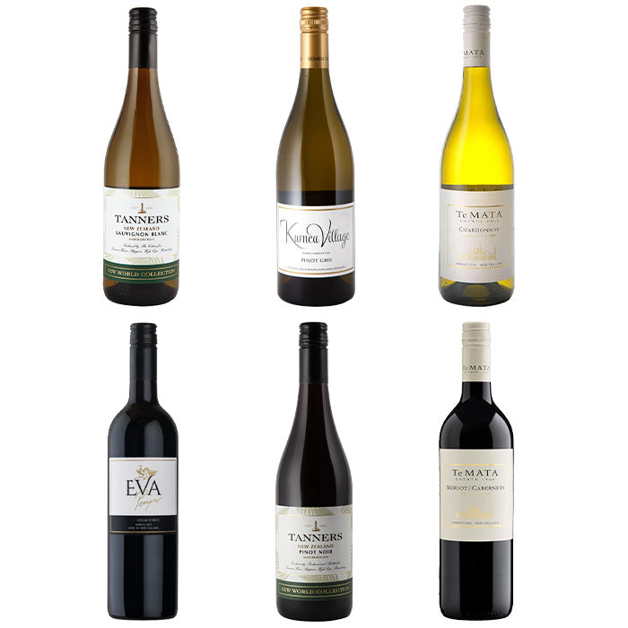 Six wine bottles arranged in a 2x3 grid on a plain white background, including Tanners, Kewen Village, and Te Mata varieties.