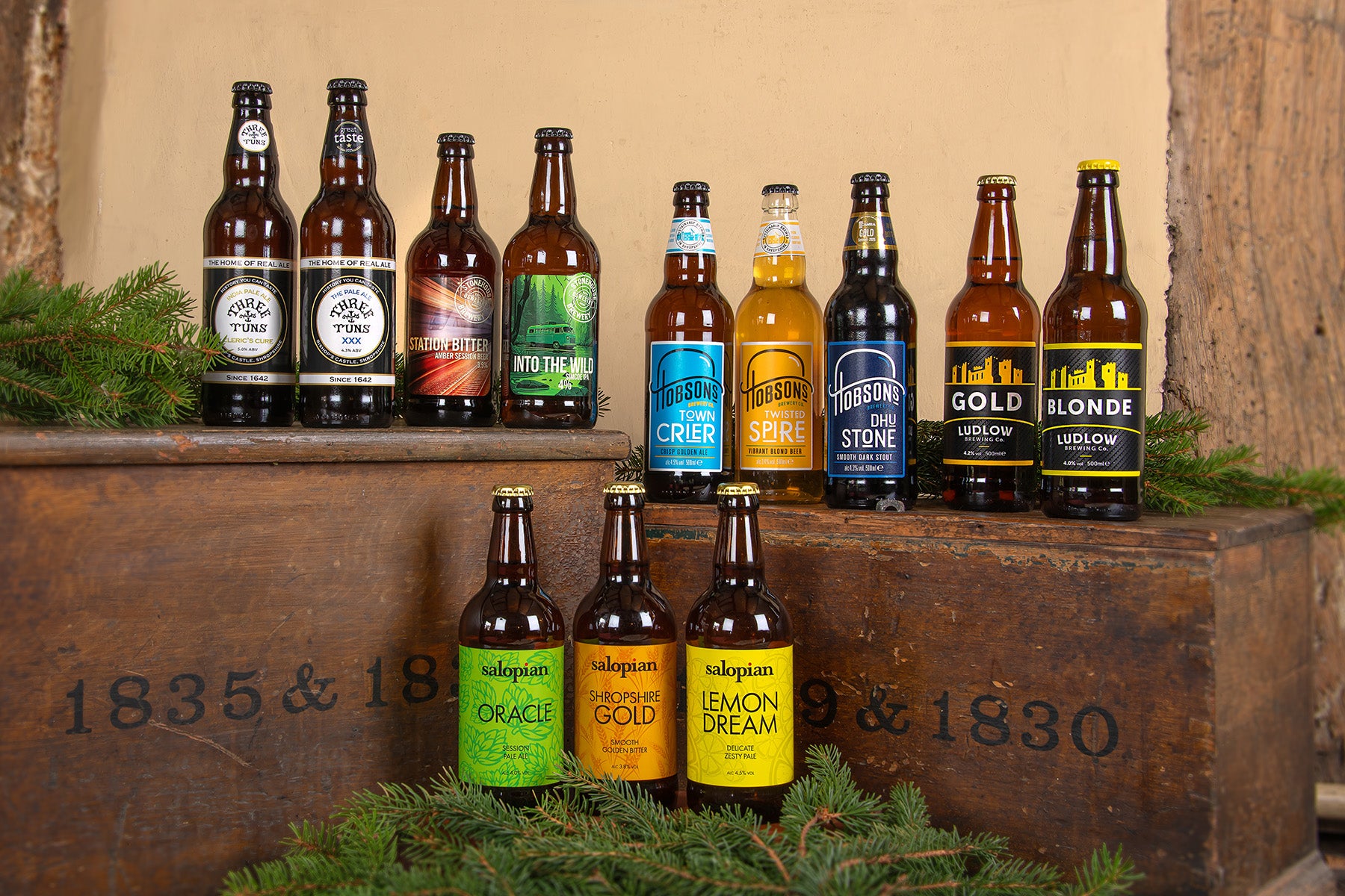A group of Shropshire Ales from famous Shropshire brewers including Hobsons, Salopian, and Ludlow Brew Inc arranged on rustic wooden crates against a warm beige wall, with evergreen branches at the base.