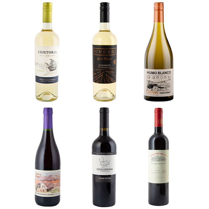 Six wine bottles arranged in a 2x3 grid on a plain white background, including Cristobal, Cucau, Humo Blanco, and three dark red wine bottles with labels including Doggettini and Carneros.
